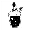 Vector illustration in doodle style. vintage drink bottle with hearts. simple line drawing symbol of mysticism, magic, esotericism